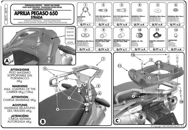 KAPPA KR79 APRILIA PEGASO 650 STRADA-TRAIL (05-11) ARKA ÇANTA TAŞIYICI
