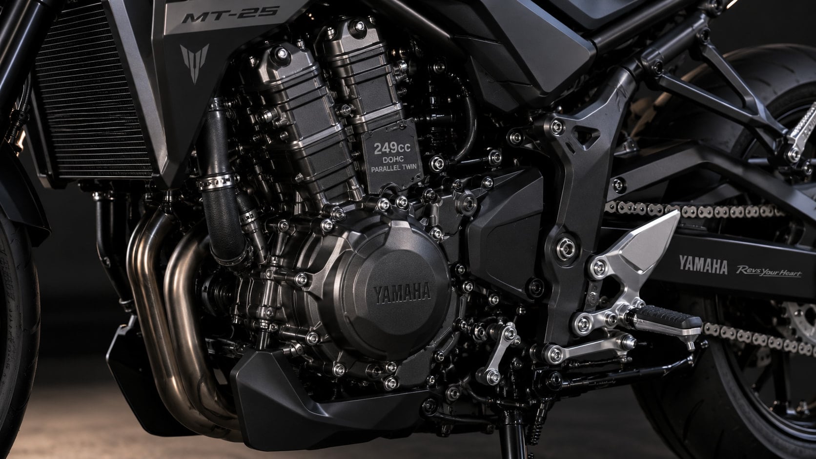 Yamaha MT-25 249cc sıvı soğutmalı paralel ikiz silindir motor detayı