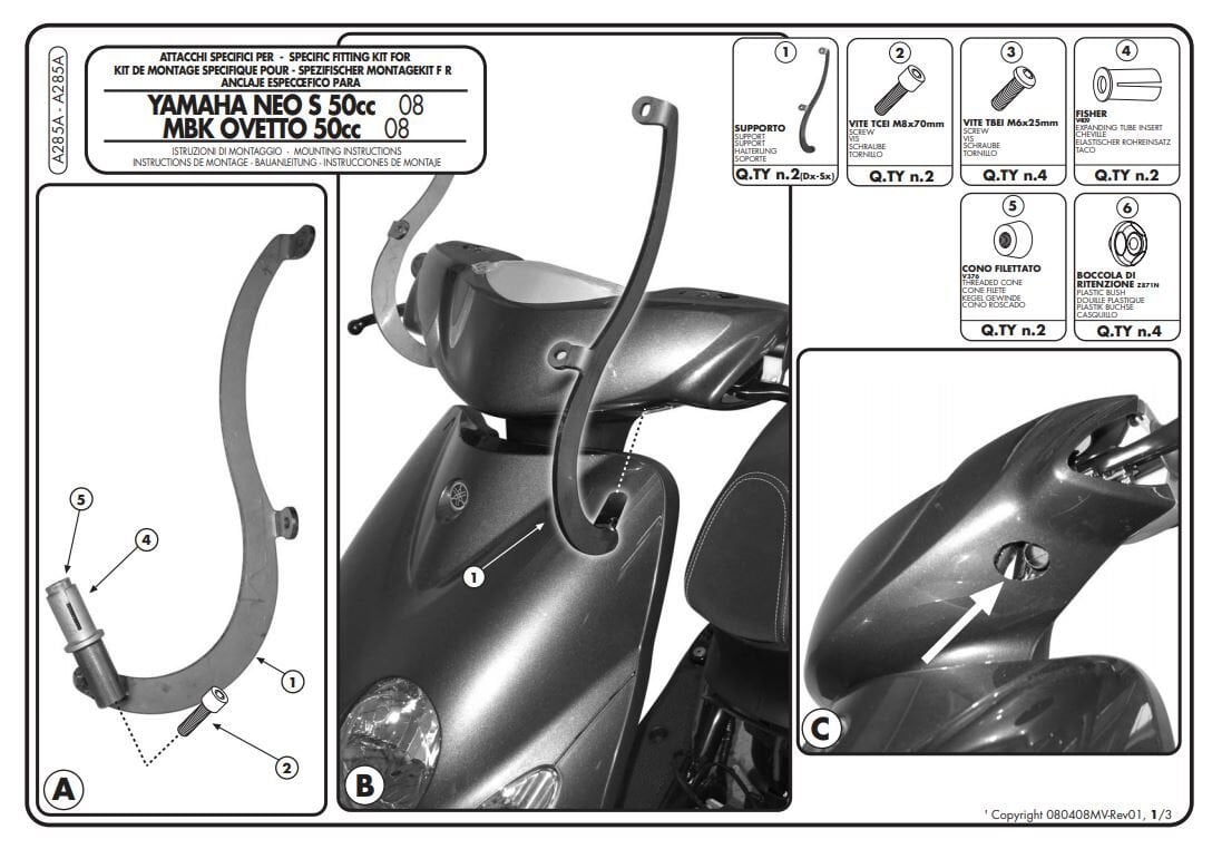 GIVI A285A YAMAHA NEOS 50 (08-21) RÜZGAR SİPERLİK BAĞLANTISI