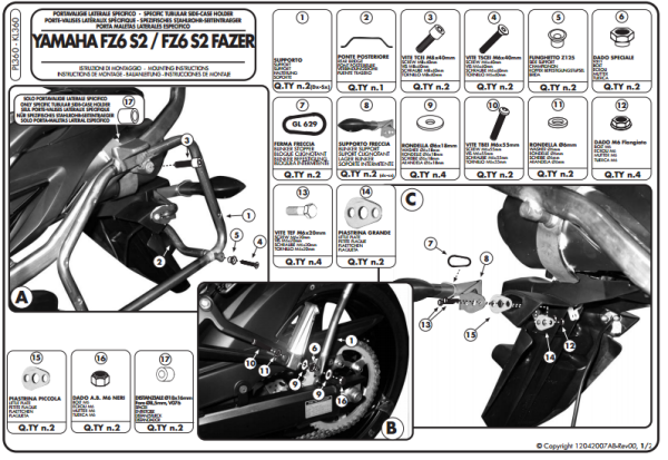 GIVI PL360 YAMAHA FZ6 S2 - FZ6 600 FAZER S2 (07-11) YAN ÇANTA TAŞIYICI